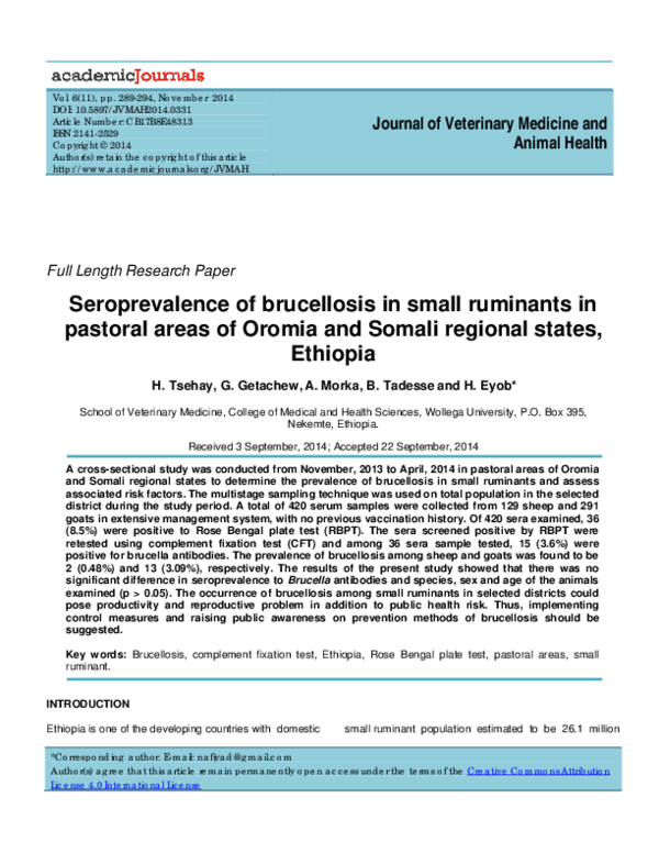 (PDF) Seroprevalence of brucellosis in small ruminants in pastoral ...