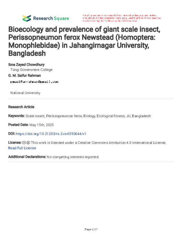 (PDF) Bioecology and prevalence of giant scale insect, Perissopneumon ...