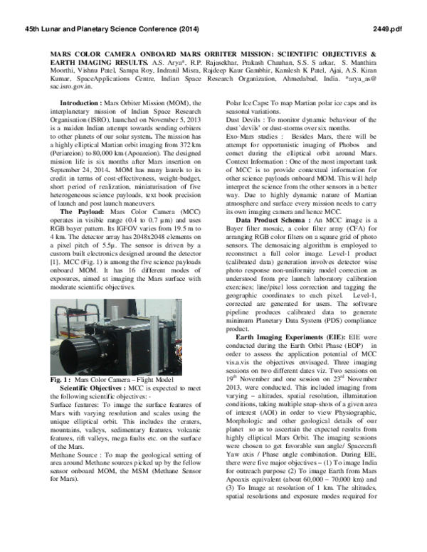 (PDF) Mars Color Camera Onboard Mars Orbiter Mission: Scientific ...