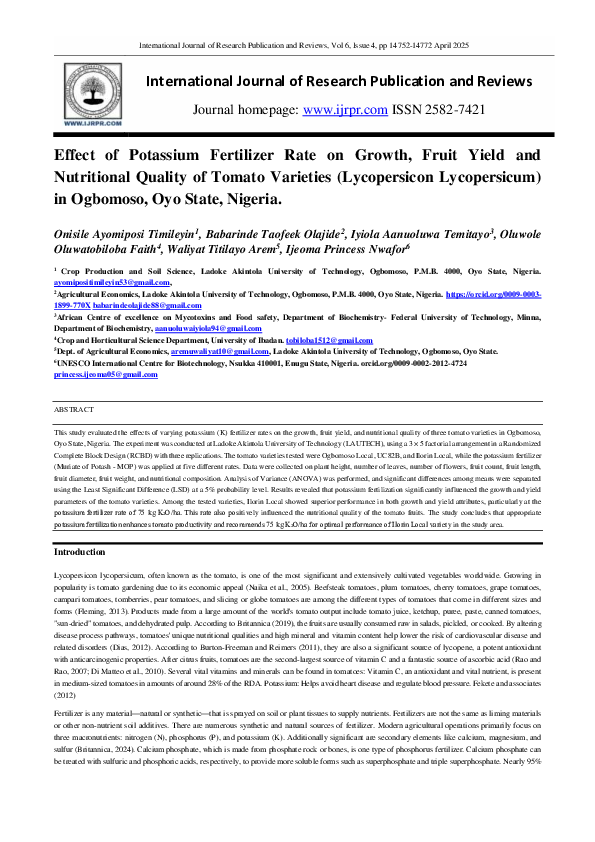 (PDF) Effect of Potassium Fertilizer Rate on Growth, Fruit Yield and ...