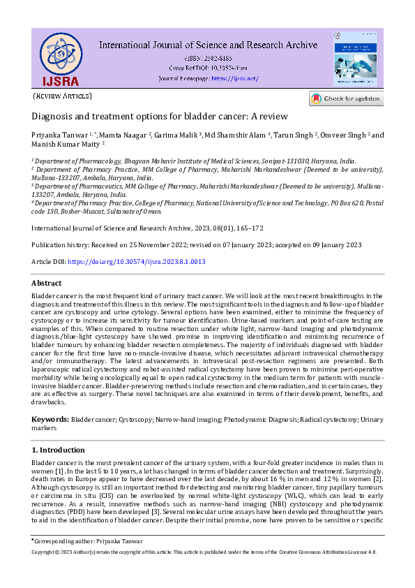 (PDF) Diagnosis and treatment options for bladder cancer: A review