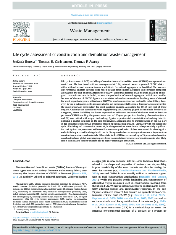 (PDF) Life cycle assessment of construction and demolition waste ...