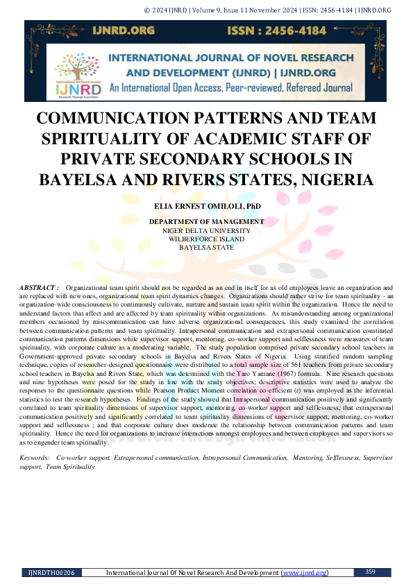 (PDF) COMMUNICATION PATTERNS AND TEAM SPIRITUALITY OF ACADEMIC STAFF OF ...
