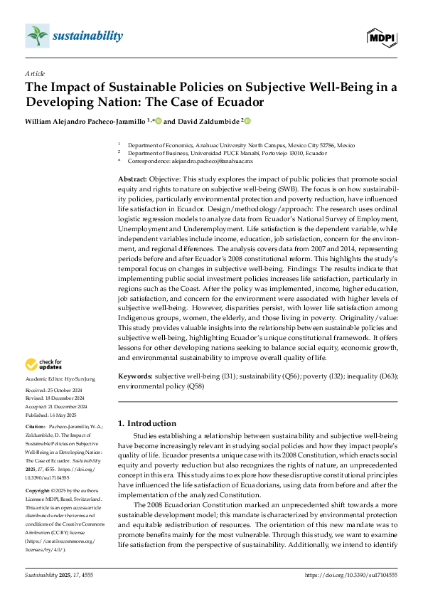 (PDF) The Impact of Sustainable Policies on Subjective Well-Being in a ...