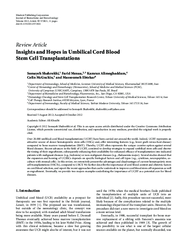 (PDF) Insights and Hopes in Umbilical Cord Blood Stem Cell Transplantations