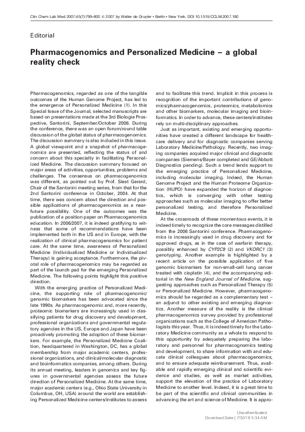 (PDF) Pharmacogenomics and Personalized Medicine – a global reality check