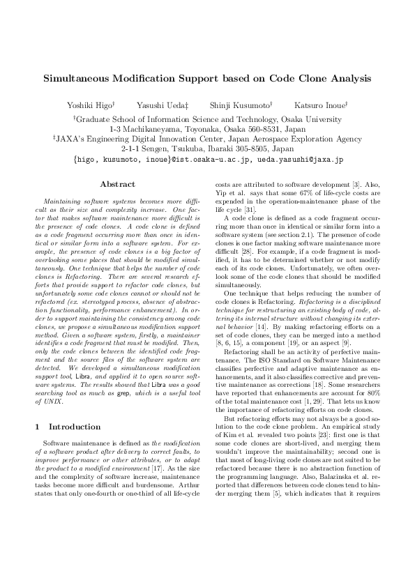 (PDF) Simultaneous Modification Support based on Code Clone Analysis
