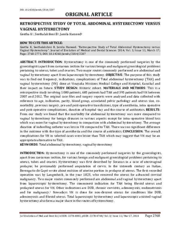 Pdf Retrospective Study Of Total Abdominal Hysterectomy Versus
