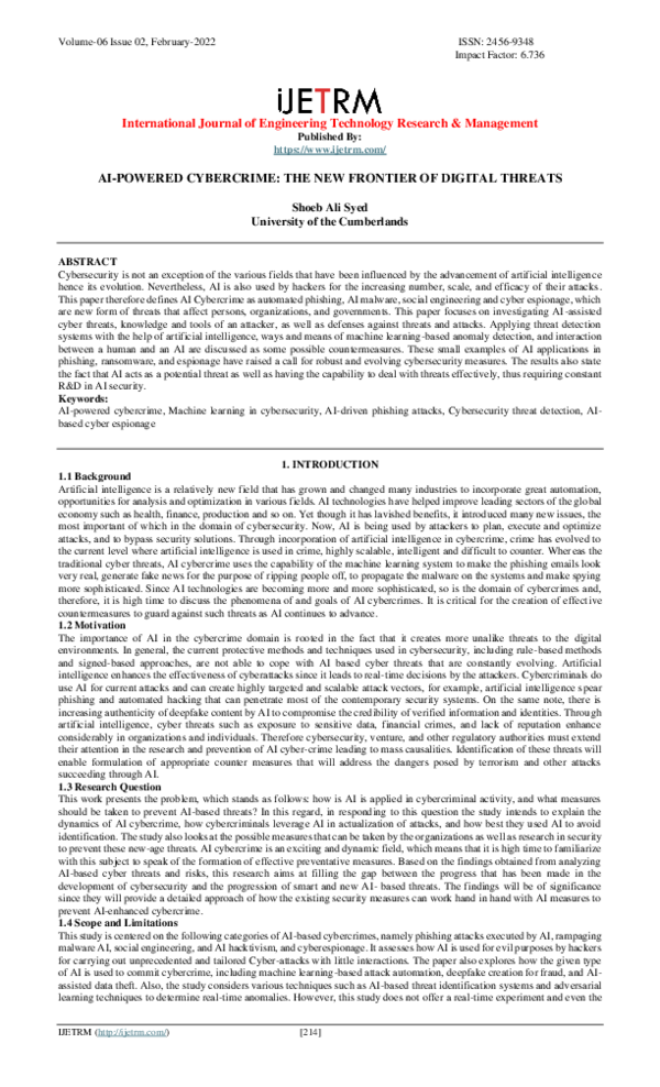 (PDF) AI-POWERED CYBERCRIME: THE NEW FRONTIER OF DIGITAL THREATS