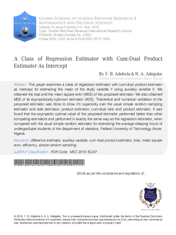 (PDF) A Class of Regression Estimator with Cum-Dual Product Estimator ...