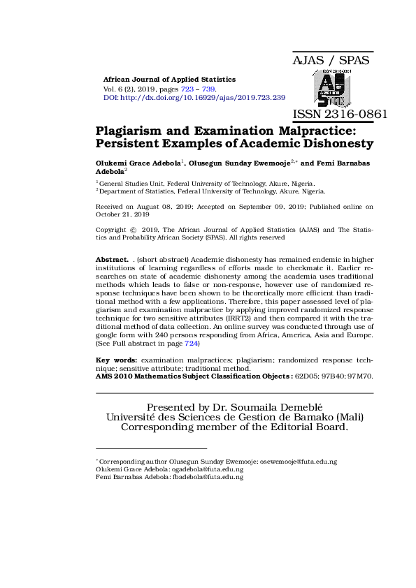 (PDF) Plagiarism and Examination Malpractice: Persistent Examples of ...
