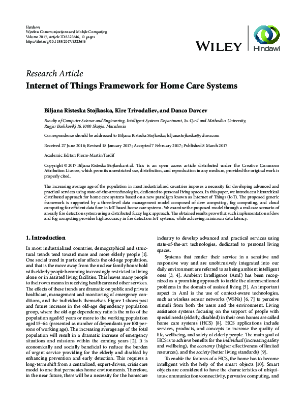 (PDF) Internet of Things Framework for Home Care Systems