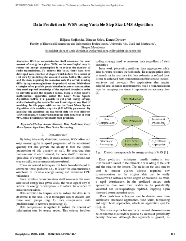 (PDF) Data Prediction in WSN using Variable Step Size LMS Algorithm