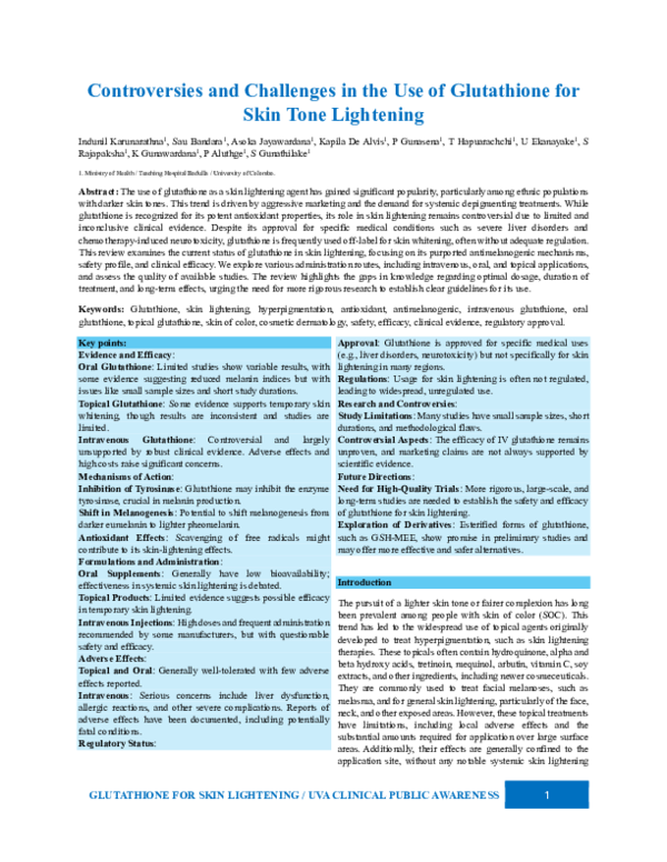 glutathione pdf PDF) Controversies and Challenges in the Use of Glutathione for Skin Tone  Lightening