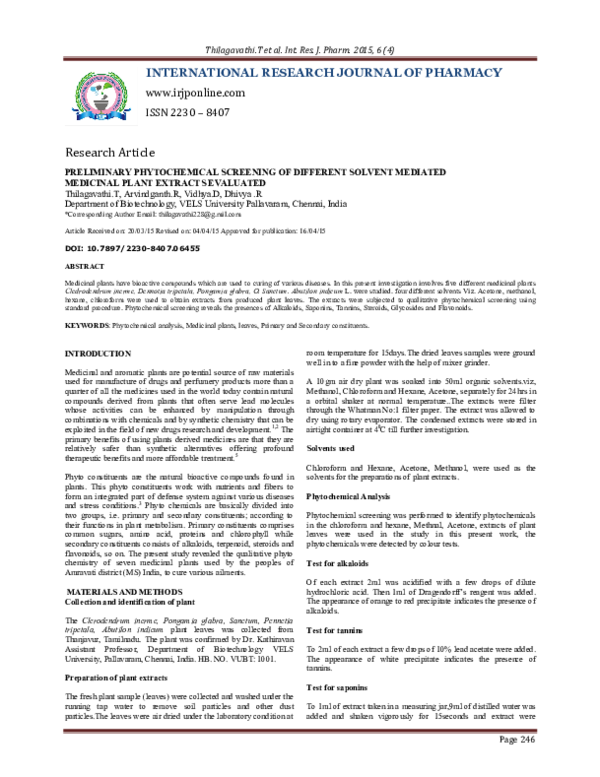 (PDF) Preliminary Phytochemical Screening of Different Solvent Mediated ...
