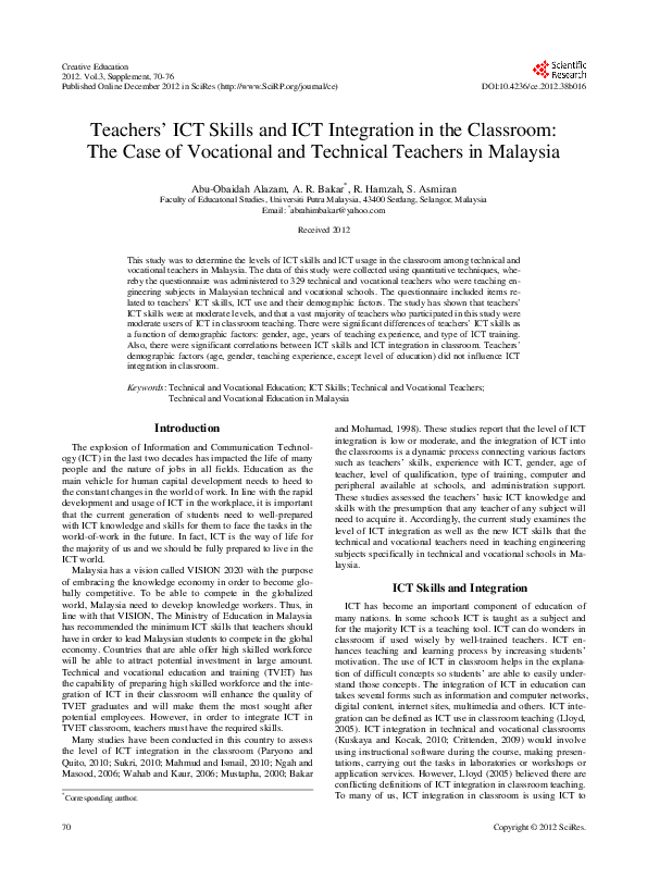 (PDF) Teachers' ICT Skills and ICT Integration in the Classroom: The ...
