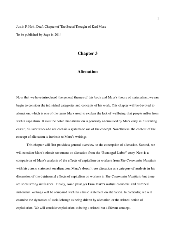(PDF) DRAFT Chapter 3, Alienation, The Social Thought of Karl Marx ...