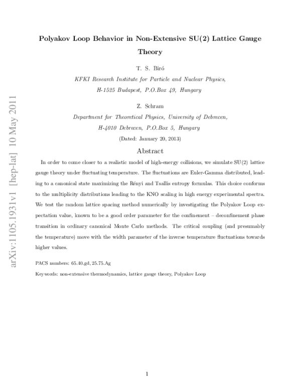 (PDF) Polyakov Loop Behavior in Non-Extensive SU(2) Lattice Gauge Theory