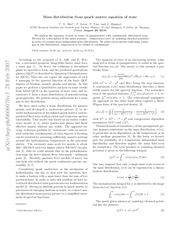 (PDF) Mass distribution from a quark matter equation of state