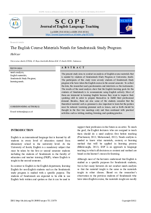 (PDF) The English Course Materials Needs for Sendratasik Study Program