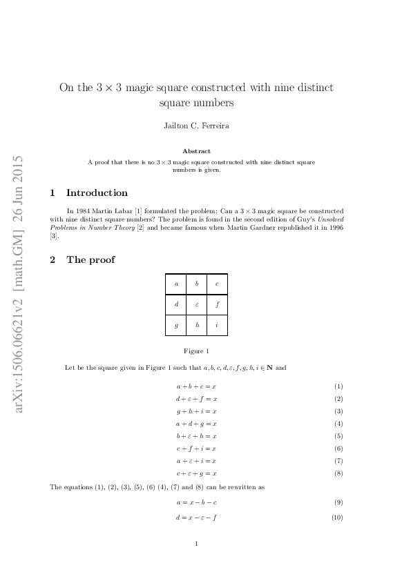 (PDF) On the $3 \times 3$ magic square constructed with nine distinct ...