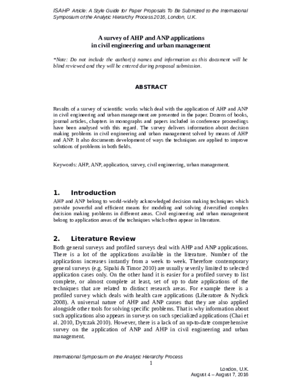 (PDF) A Survey of Ahp and Anp Applications in Civil Engineering and ...