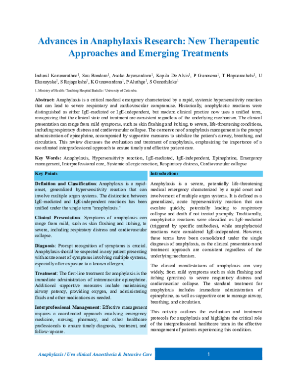 (PDF) Advances in Anaphylaxis Research New Therapeutic Approaches and ...