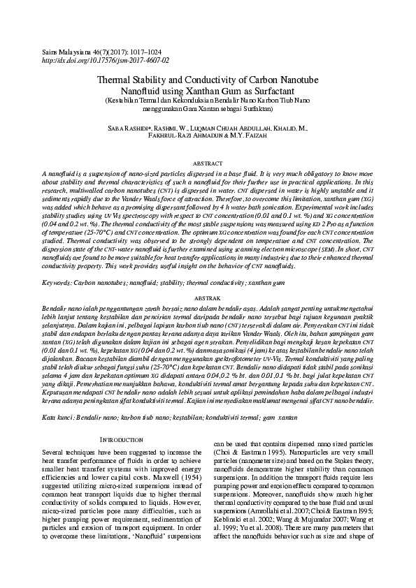 (PDF) Thermal Stability and Conductivity of Carbon Nanotube Nanofluid ...