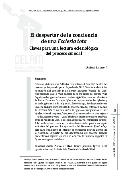 (PDF) El despertar de la conciencia de una Ecclesia tota. Claves para ...