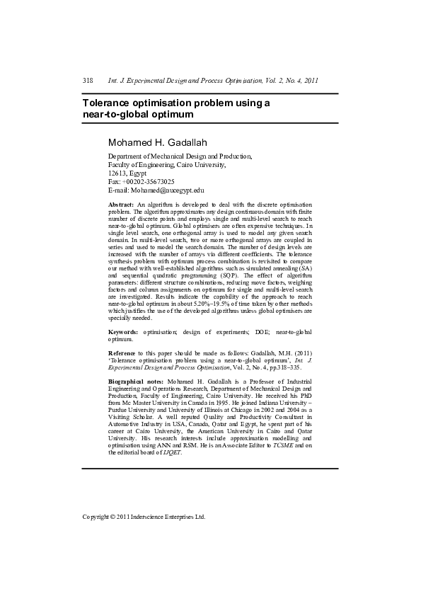 (PDF) Tolerance optimisation problem using a near-to-global optimum
