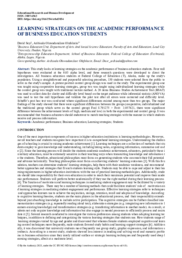 (PDF) LEARNING STRATEGIES ON THE ACADEMIC PERFORMANCE OF BUSINESS ...