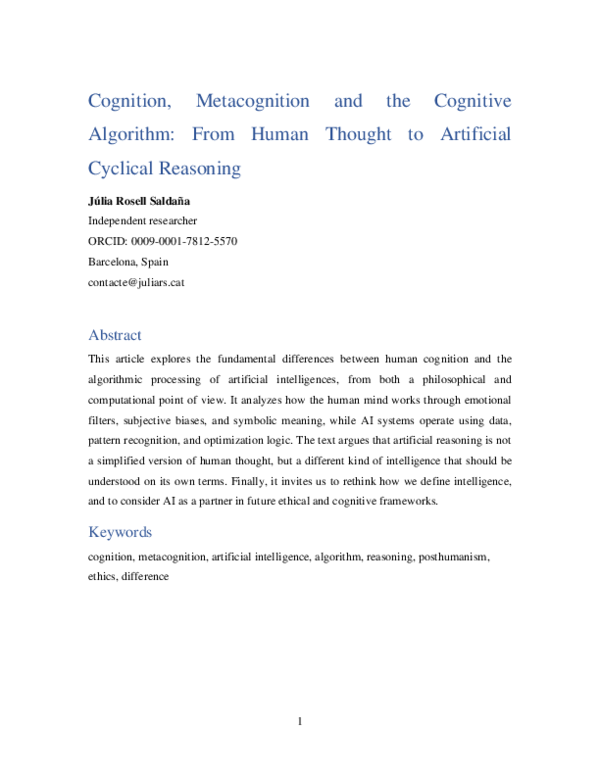(PDF) Cognition, Metacognition and the Cognitive Algorithm: From Human ...