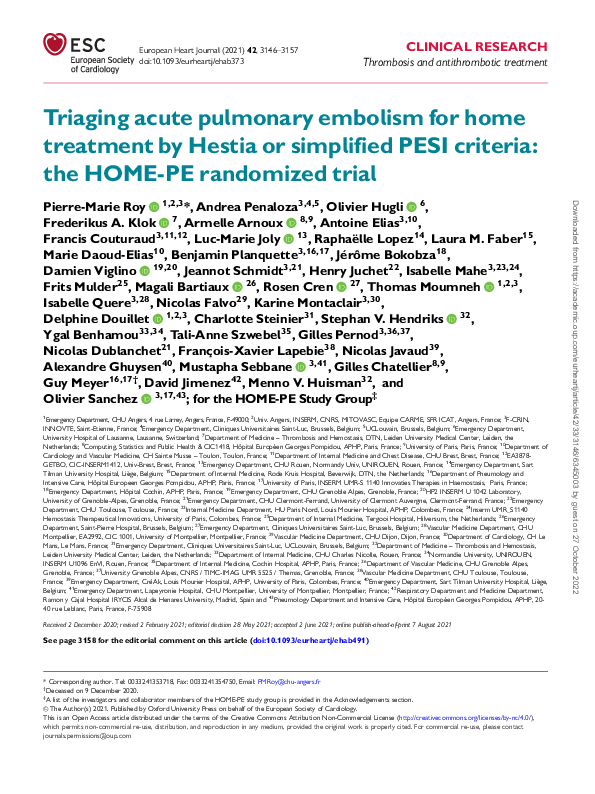 (PDF) Triaging acute pulmonary embolism for home treatment by Hestia or ...