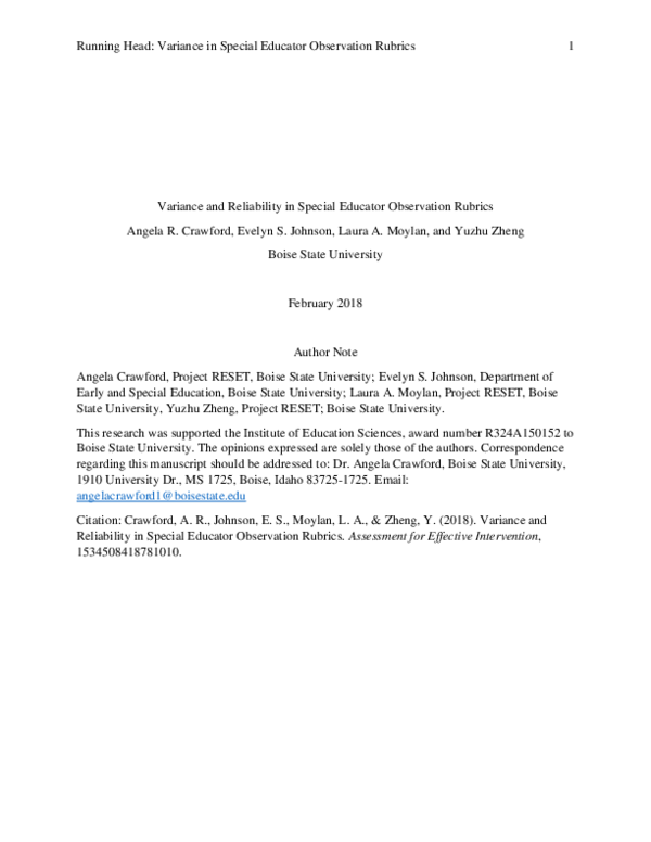 (PDF) Variance and Reliability in Special Educator Observation Rubrics