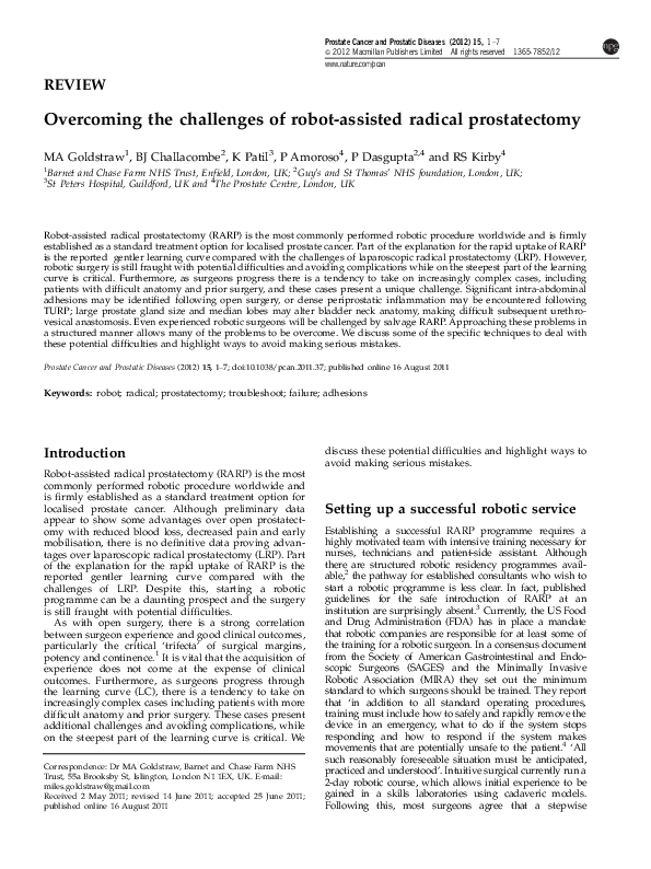 (PDF) Overcoming the challenges of robot-assisted radical prostatectomy