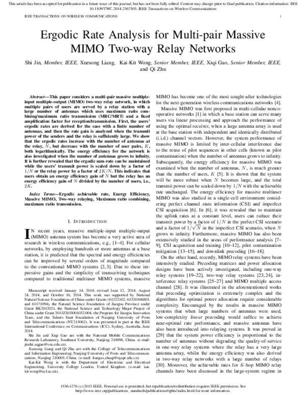 (PDF) Ergodic Rate Analysis for Multipair Massive MIMO Two-Way Relay ...