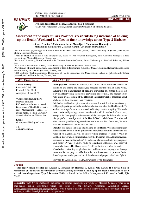 (PDF) Assessment of the ways of Fars Province's residents being ...
