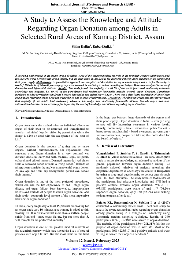 (PDF) A Study to Assess the Knowledge and Attitude Regarding Organ ...