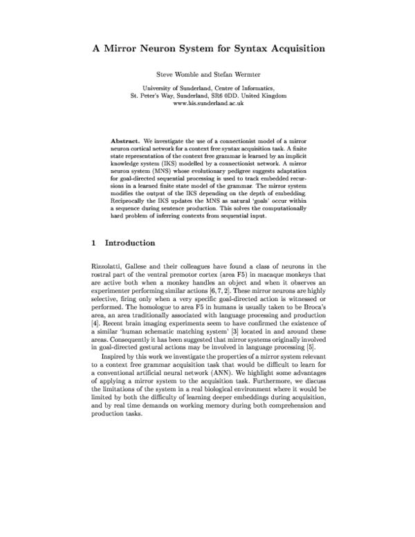 (PDF) A Mirror Neuron System for Syntax Acquisition