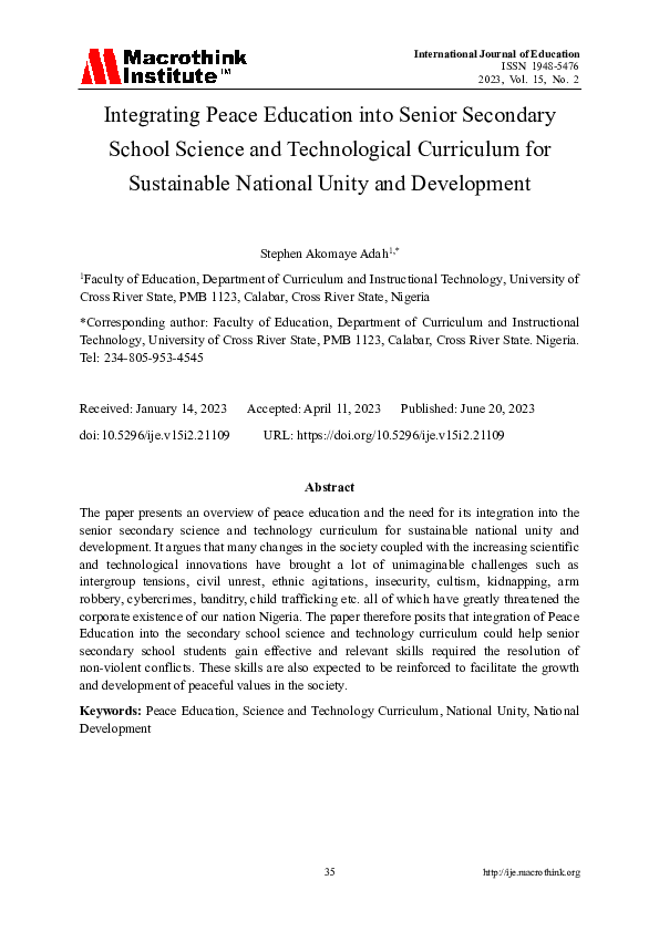 (PDF) Integrating Peace Education into Senior Secondary School Science ...