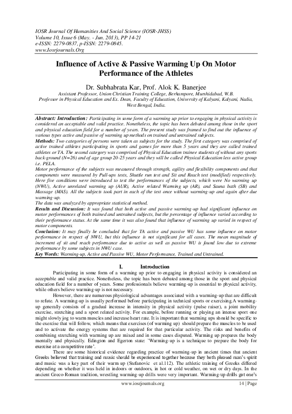 (PDF) Influence of Active & Passive Warming Up On Motor Performance of ...