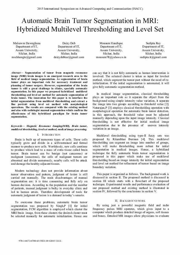 (PDF) Automatic brain tumor segmentation in MRI: Hybridized multilevel ...