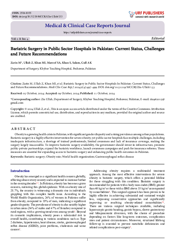(PDF) Bariatric Surgery in Public Sector Hospitals in Pakistan: Current ...
