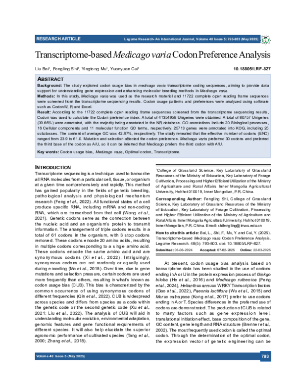 (PDF) Transcriptome-based Medicago varia Codon Preference Analysis