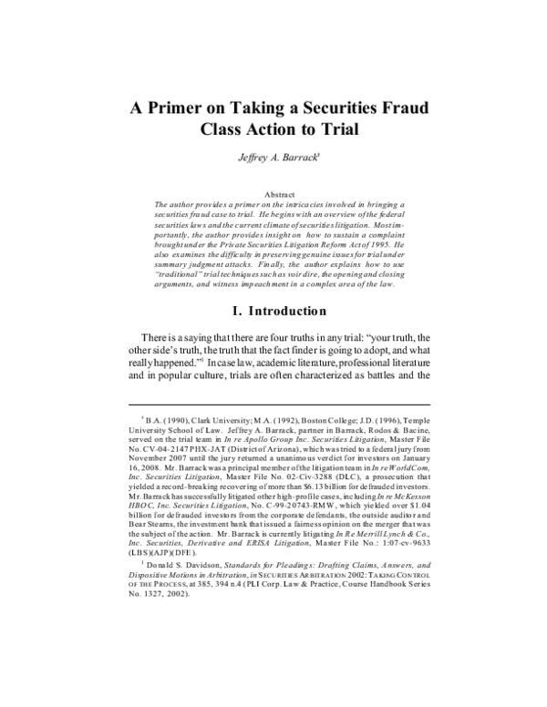 (PDF) A Primer on Taking a Securities Fraud Class Action to Trial