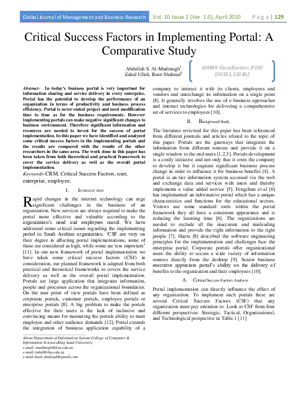(PDF) Critical Success Factors in Implementing Portal: A Comparative Study