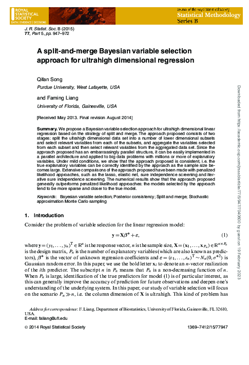 (PDF) A split‐and‐merge Bayesian variable selection approach for ...