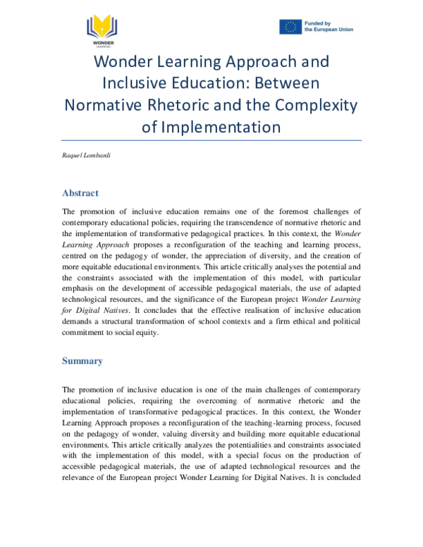 (PDF) Wonder Learning Approach and Inclusive Education: Between ...