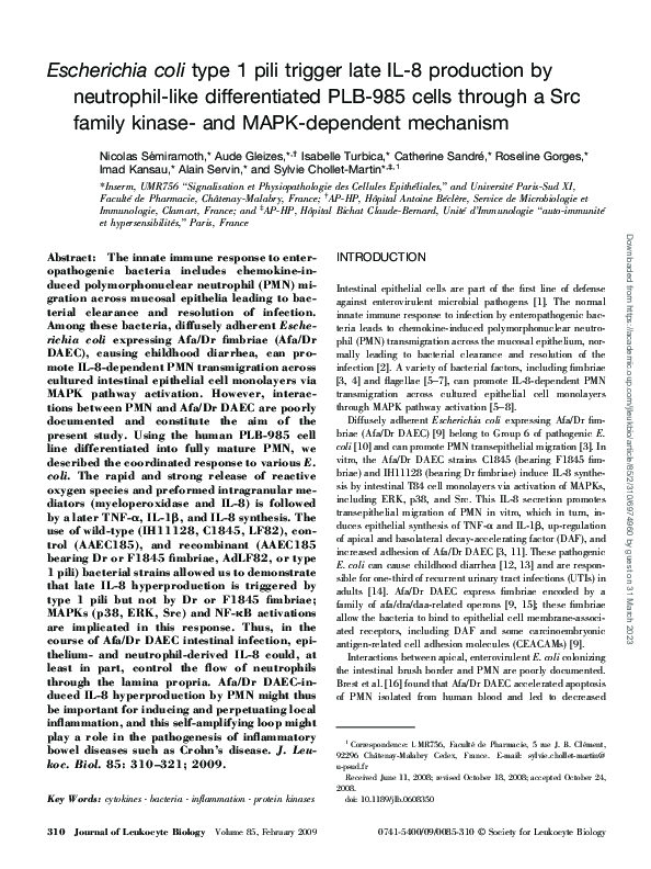 (PDF) Escherichia colitype 1 pili trigger late IL-8 production by ...