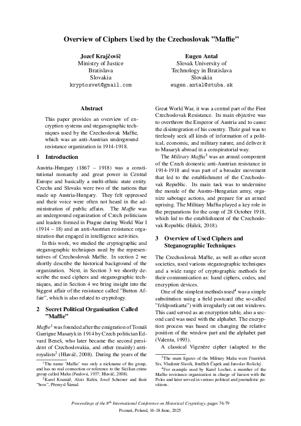 (PDF) Overview of Ciphers Used by the Czechoslovak 